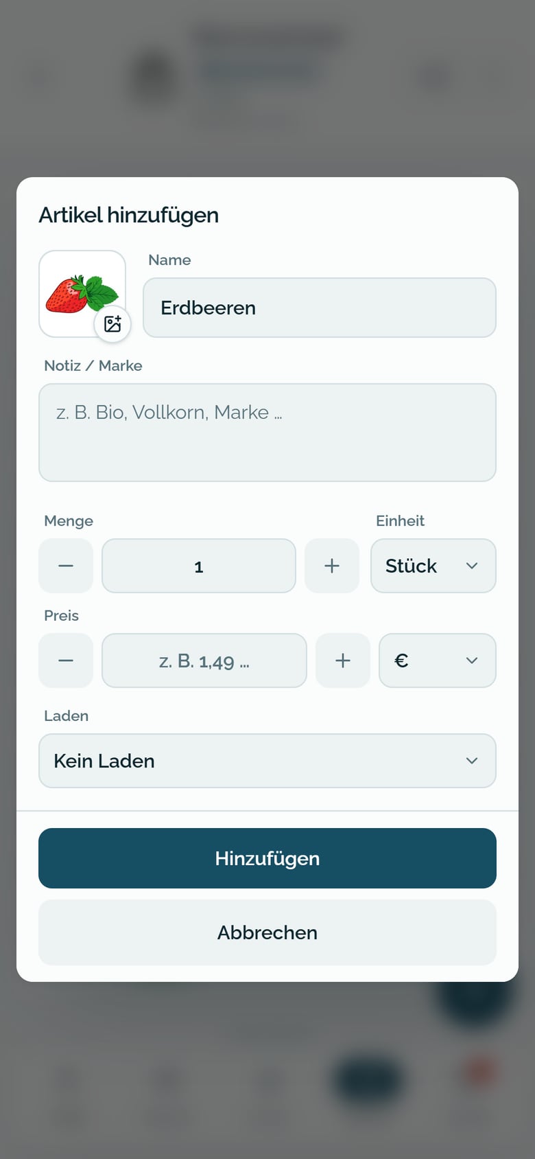 Easy-Einkauf App – Artikel mit Menge, Einheit und Laden hinzufügen